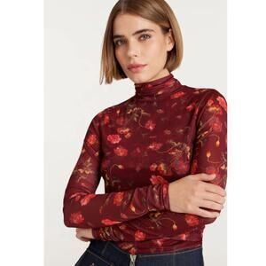 Cinq a Sept Falling Poppies Shirred Mesh Turtleneck Rhubarb Multi XS NEW NWOT